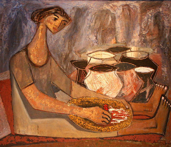 óleo sobre cartón Alfarera_ Antonio Padrón, 1960